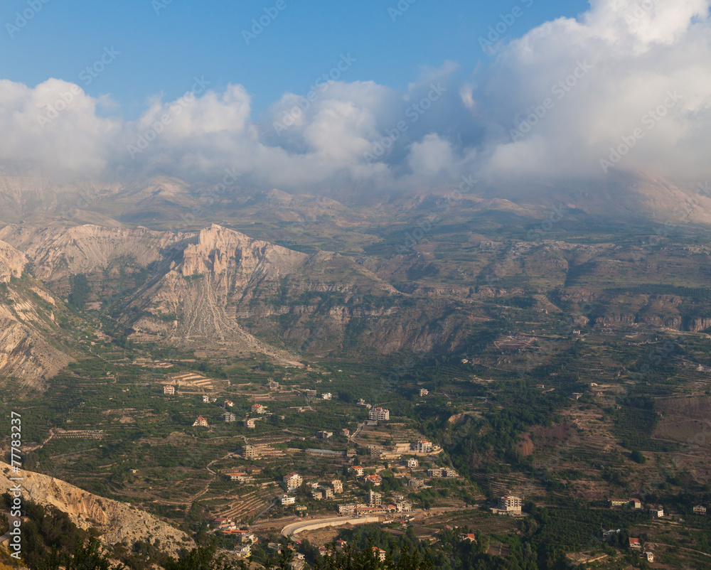 View over town of Bsharri in Qadisha valley, Lebanon
