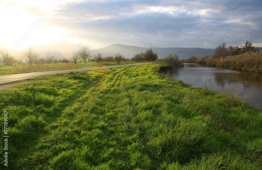 Green Field and River lit by Strong Sun Light Green Field and River lit by Strong Sun Light