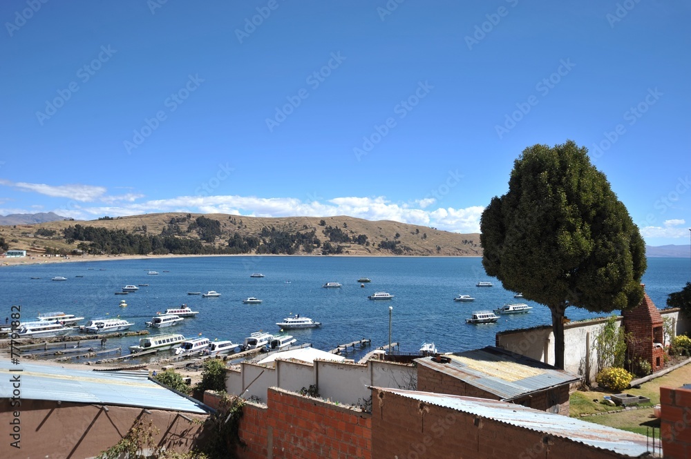 Boats in the town of Copacabana on lake Titicaca