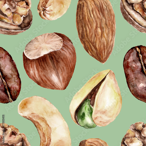 Seamless pattern with nuts . Watercolor illustration.