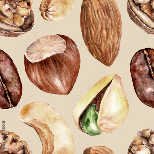 Seamless pattern with nuts . Watercolor illustration.