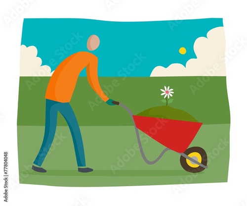 man pushing wheelbarrow