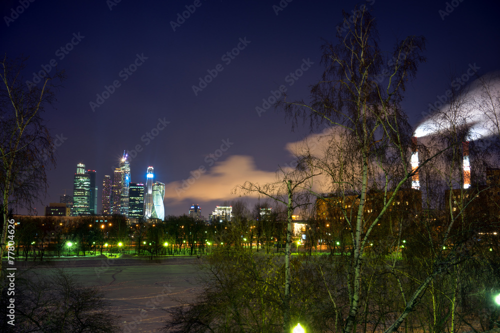 Moscow city skyscrapers and electric station at the winter night Moscow city skyscrapers and electric station at the winter night