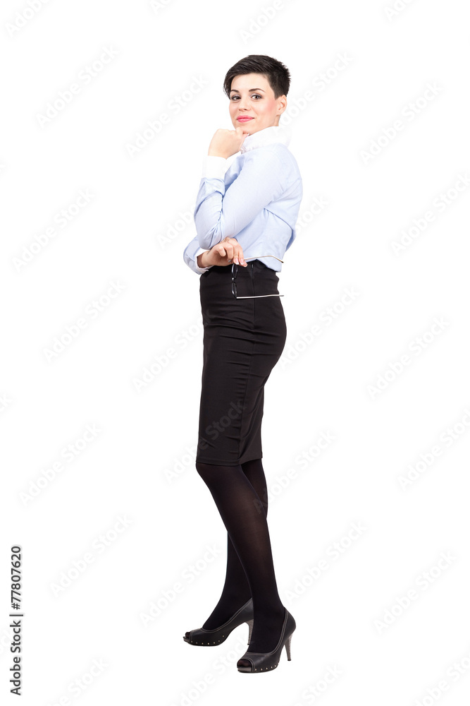 Corporate woman posing holding glasses Corporate woman posing holding glasses