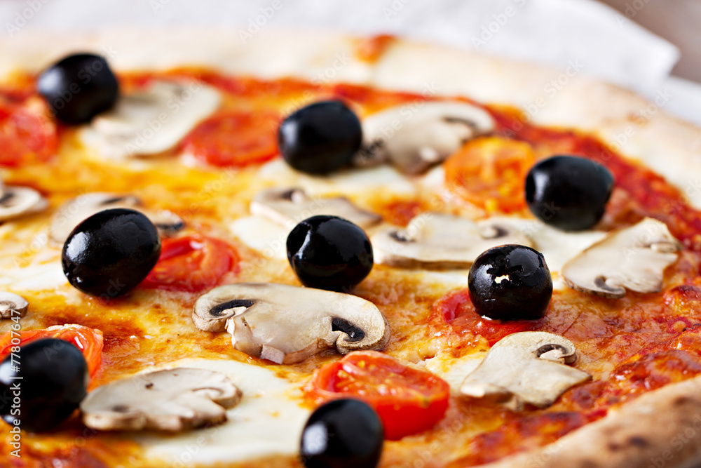 Pizza with olives and mushrooms Pizza with olives and mushrooms