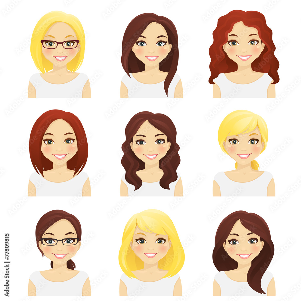 Set of cute girls with different hairstyles and color Stock Vector | Adobe  Stock