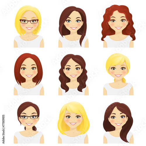 Set of cute girls with different hairstyles and color