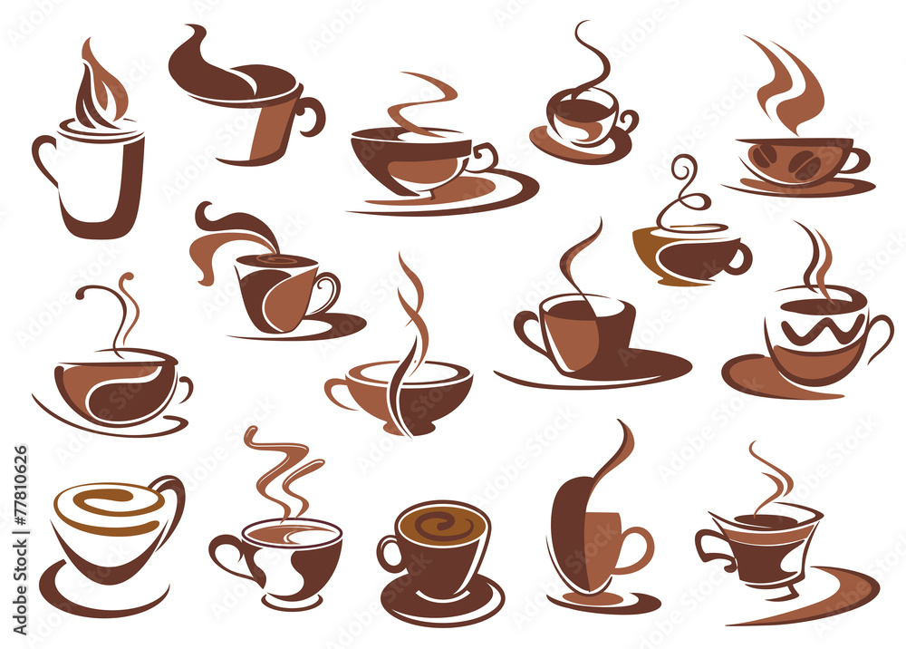 Hot coffee icons and symbols