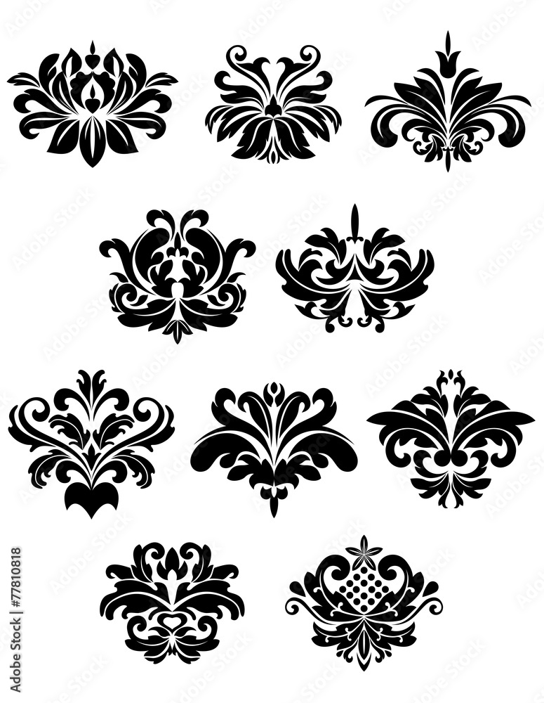 Black damask floral design elements Black damask floral design elements