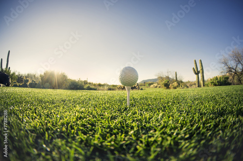 Tee off - golf ball wide angle view Fisheye lens effect. photo