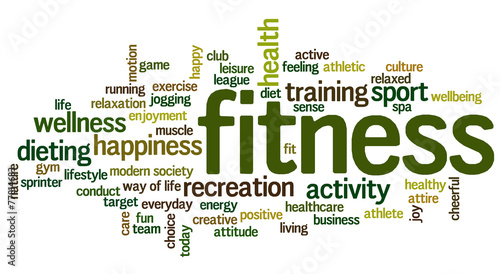 Tag cloud related to fitness, recreation, sports and health