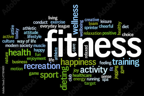 Tag cloud related to fitness, recreation, sports and health