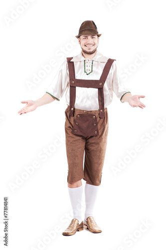 Smiling bavarian man in shirt and leather pants