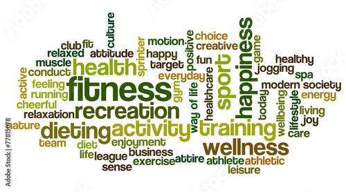 Tag cloud related to fitness, recreation, sports and health