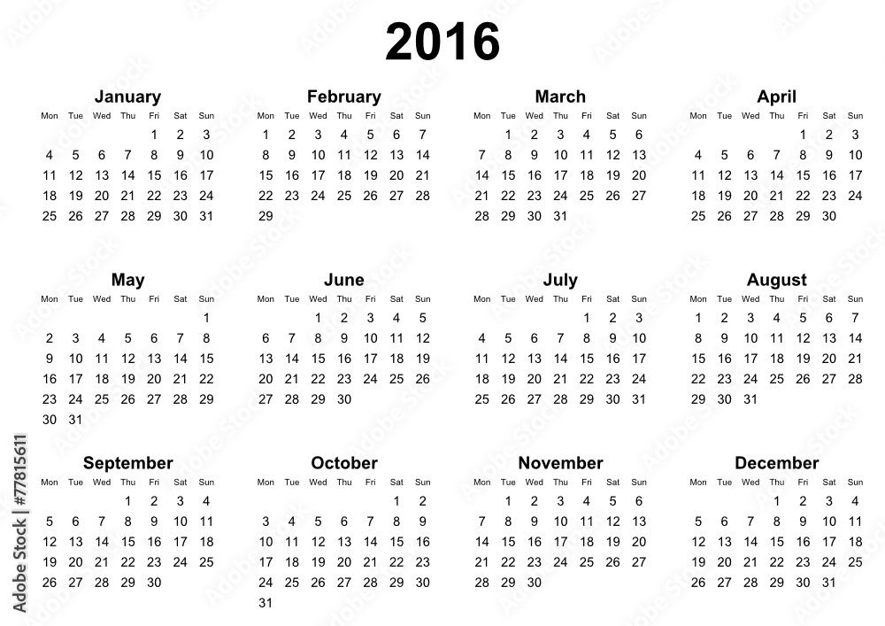 simple editable vector calendar 2016 monday first - obrazy, fototapety, plakaty 