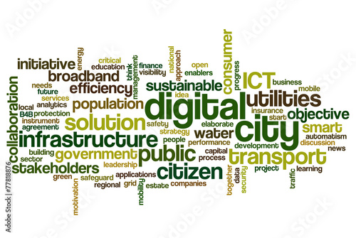 Word cloud related to smart digital city, infrastructure, ICT