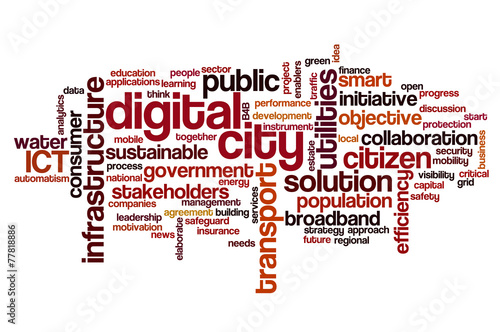 Word cloud related to smart digital city, infrastructure, ICT