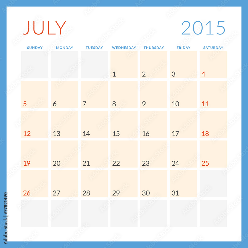 Calendar 2015. July. Week starts Sunday Calendar 2015. July. Week starts Sunday