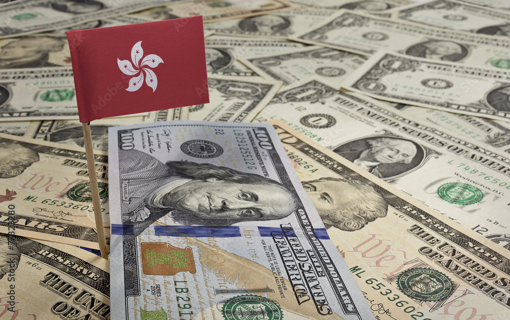 Flag of Hong Kong sticking in various american banknotes.(series Flag of Hong Kong sticking in various american banknotes.(series