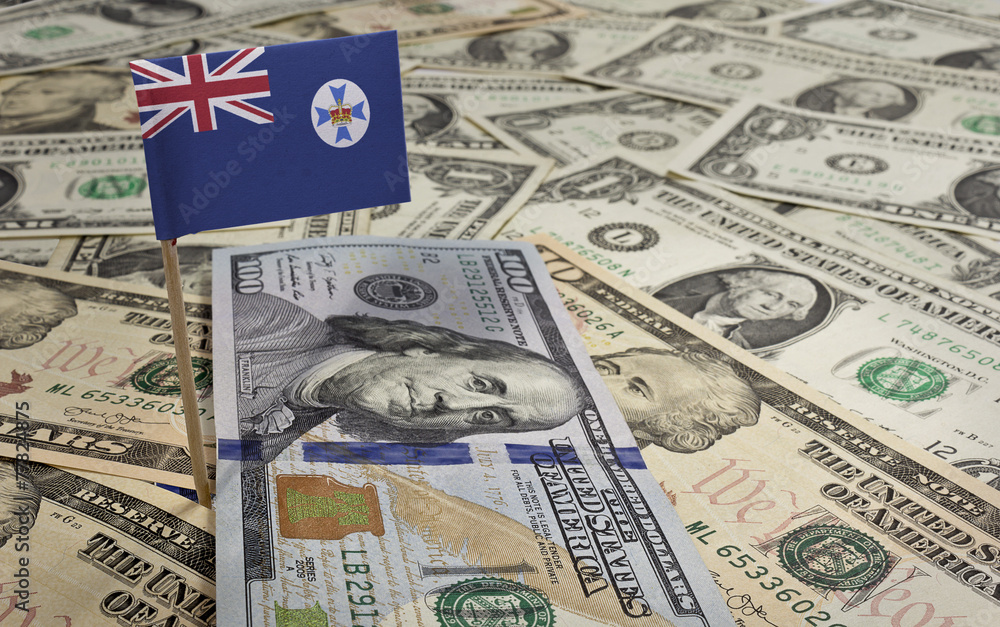 Flag of Queensland sticking in various american banknotes.(serie Flag of Queensland sticking in various american banknotes.(serie