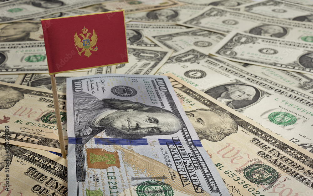 Flag of Montenegro sticking in various american banknotes.(serie Flag of Montenegro sticking in various american banknotes.(serie