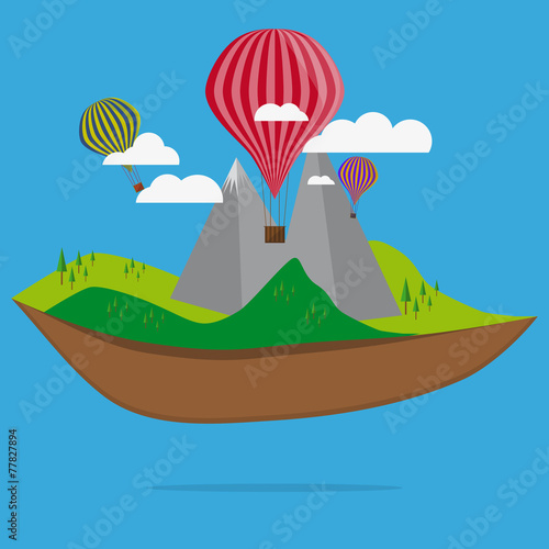 Flat Nature With Clouds And Air Balloon