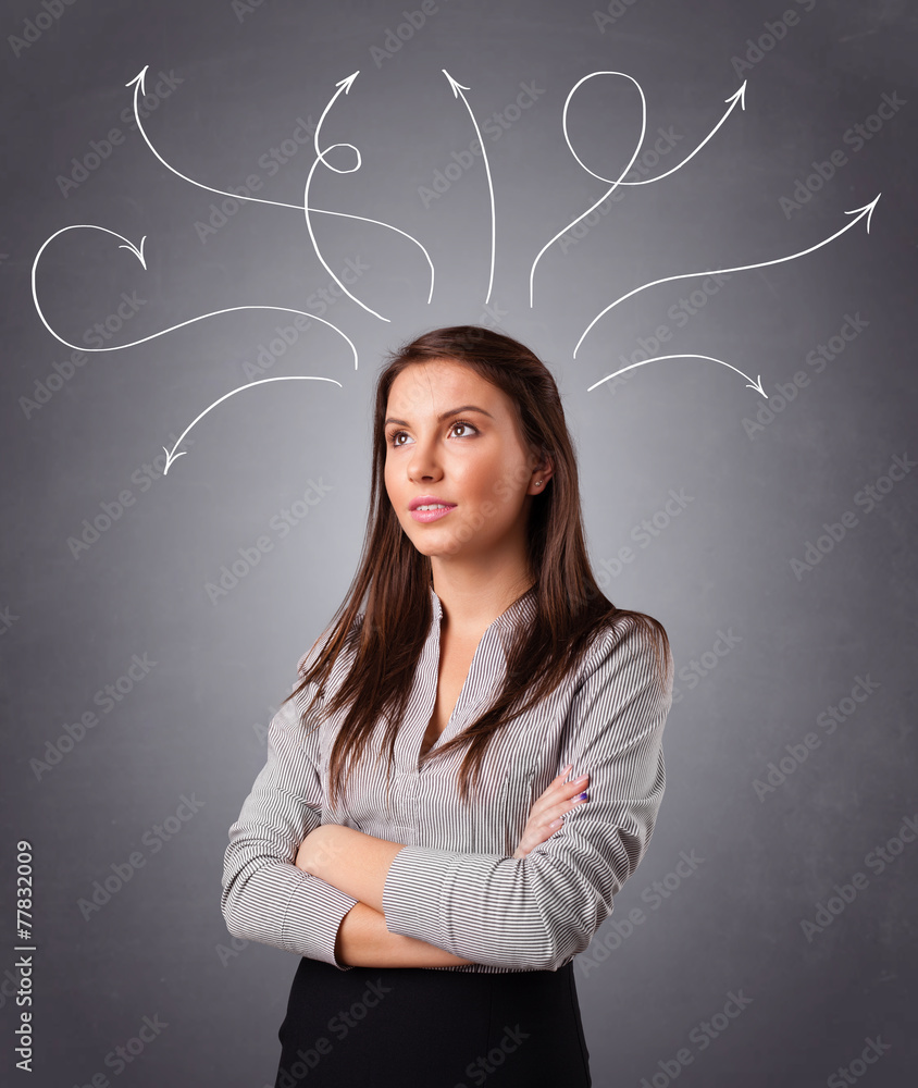 Young girl thinking with arrows overhead Young girl thinking with arrows overhead