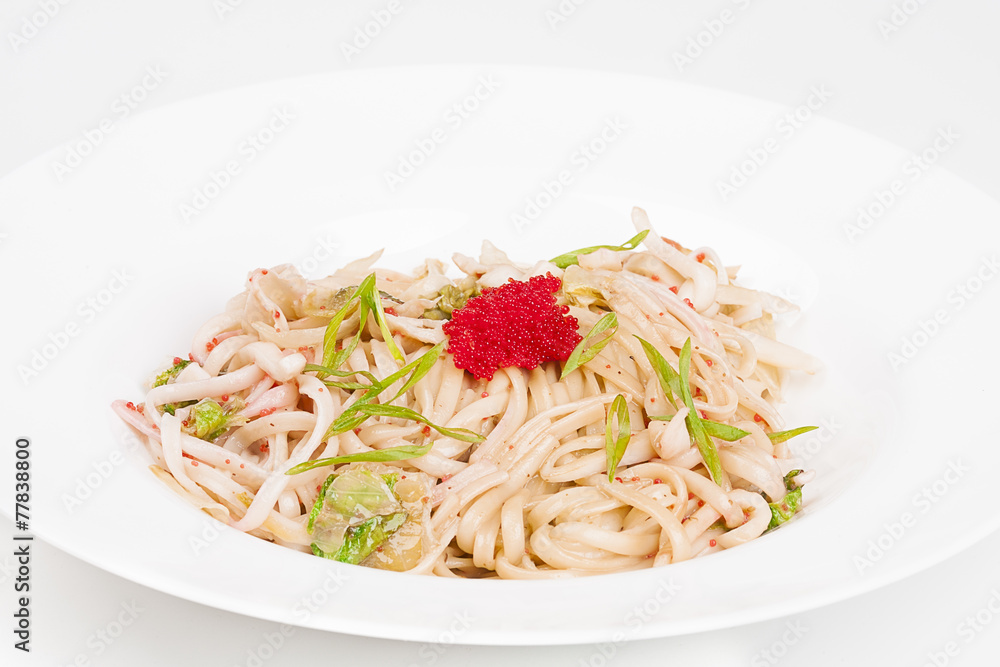 The udon needle with caviar and shrimps The udon needle with caviar and shrimps