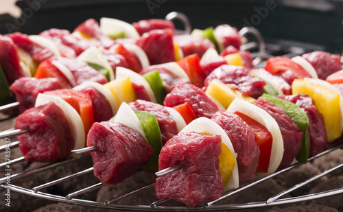 Raw beef skewers ready for grilling