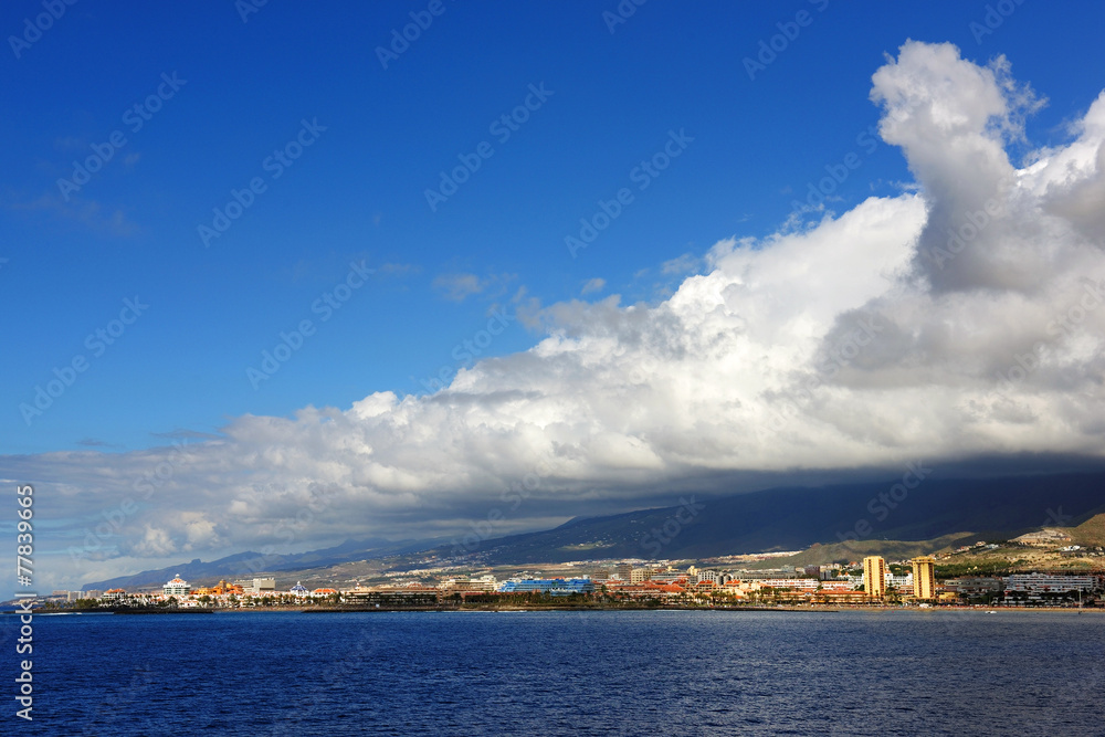 Stormy clouds over Los Cristianos resort in Tenerife, Canary Islands, Spain
