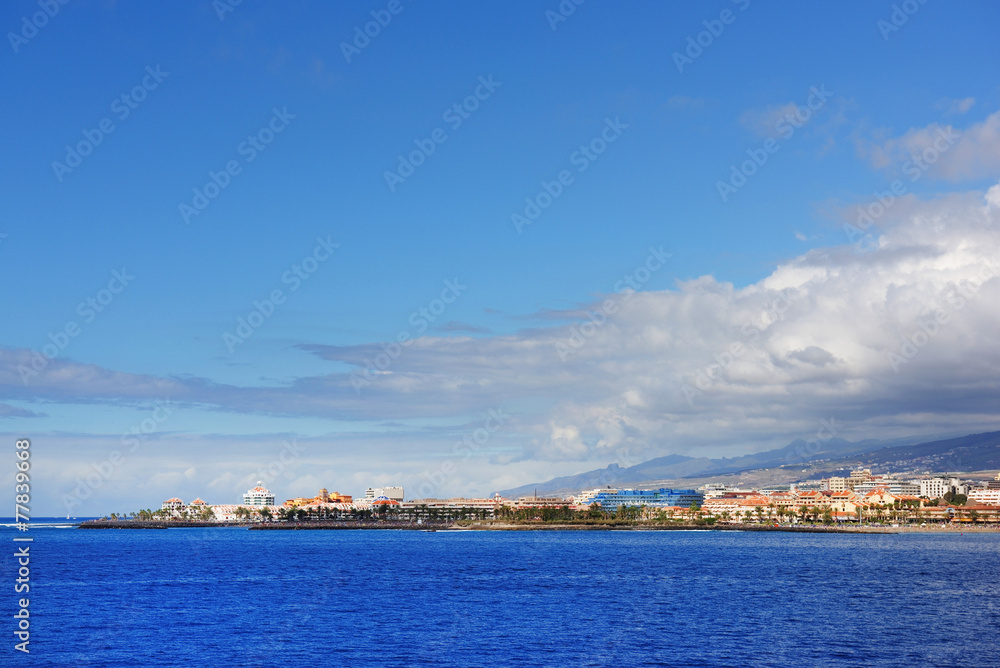 Stormy clouds over Los Cristianos resort in Tenerife, Canary Islands, Spain
