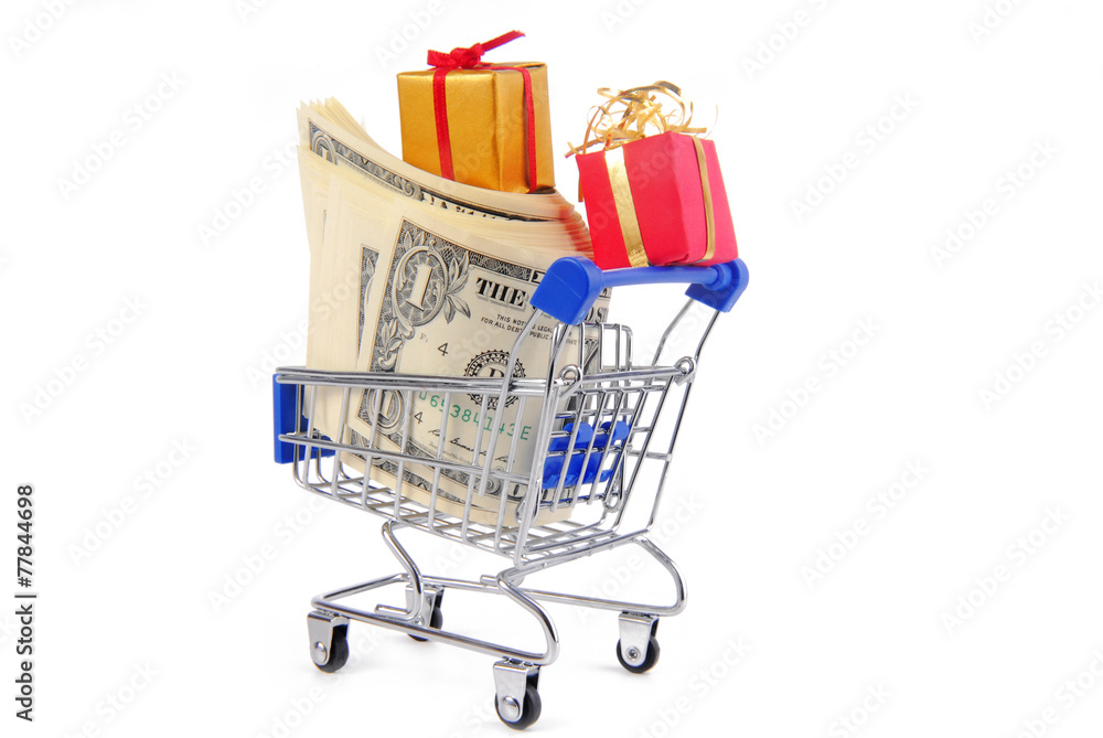 shopping trolley with presents gifts and money