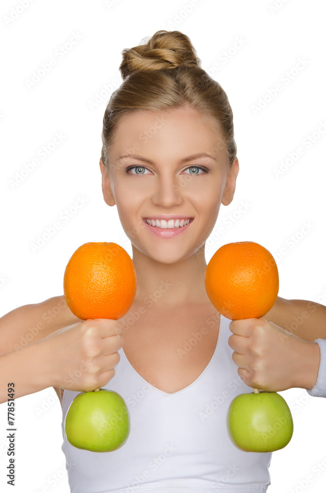 beautiful woman with dumbbells from fruits beautiful woman with dumbbells from fruits