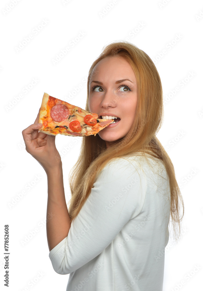 Happy woman enjoy eating slice of pepperoni pizza with tomatoes Happy woman enjoy eating slice of pepperoni pizza with tomatoes