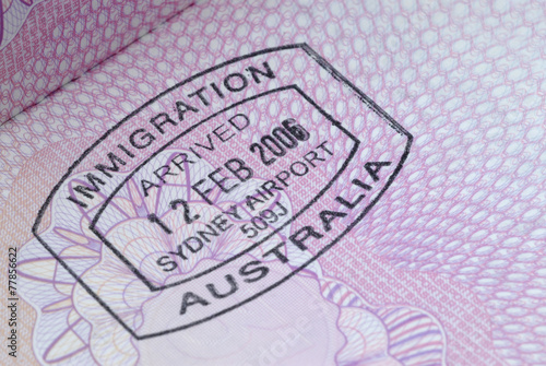 Fotografía Immigration stamp Australia on a passport page photo
