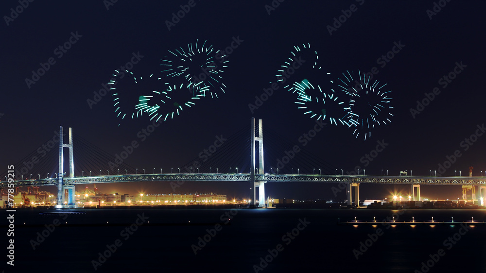 heart Fireworks celebrating over Yokohama Bay Bridge at night
