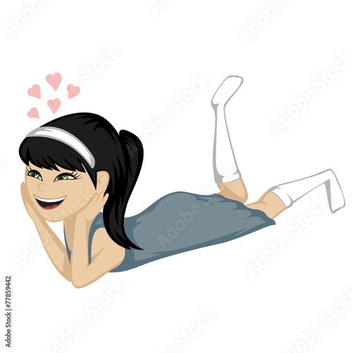 A black haired girl is daydreaming on the floor in nightgown