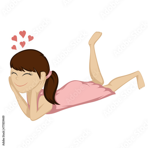 A cute brunette girl is daydreaming on the floor