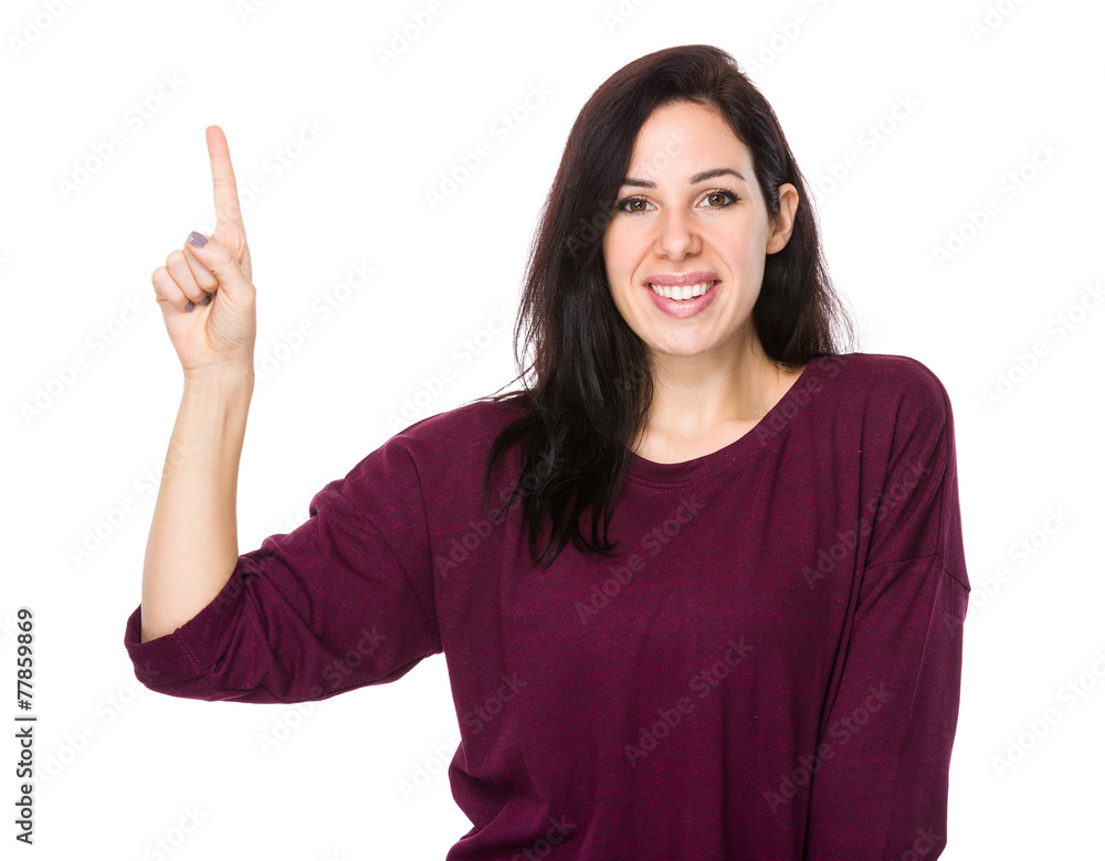 Happy woman with finger point up Happy woman with finger point up