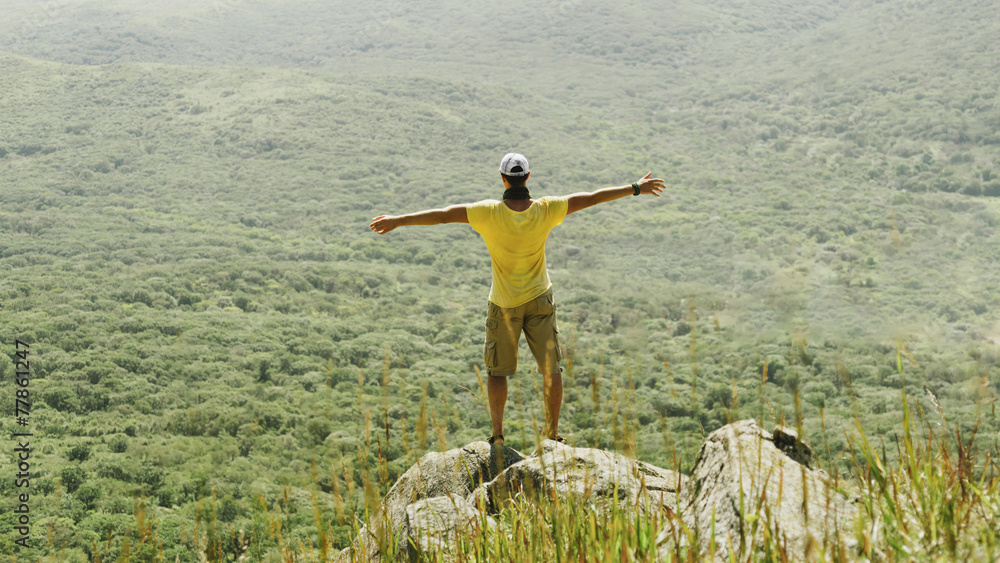 Naklejka premium Man standing with raised arms on peak of rock in summer