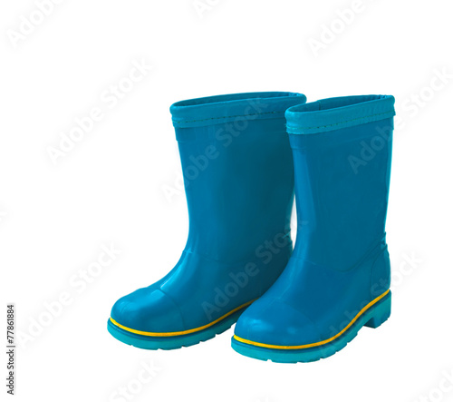 Blue rain boots on white background.