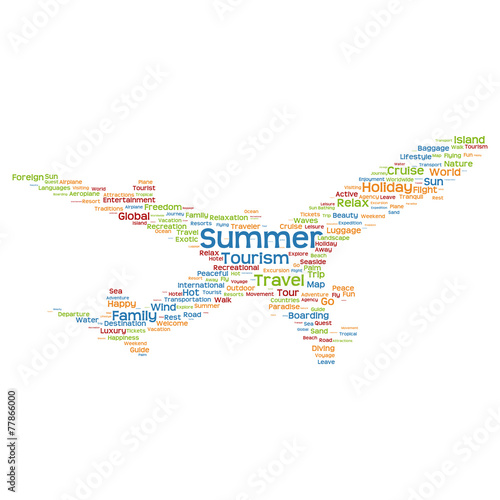 Vector conceptual travel or tourism plane word cloud