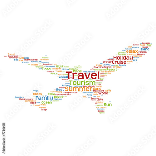 Vector conceptual travel or tourism plane word cloud
