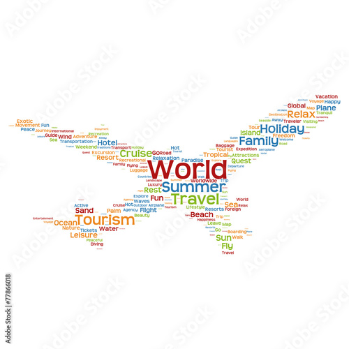 Vector conceptual travel or tourism plane word cloud