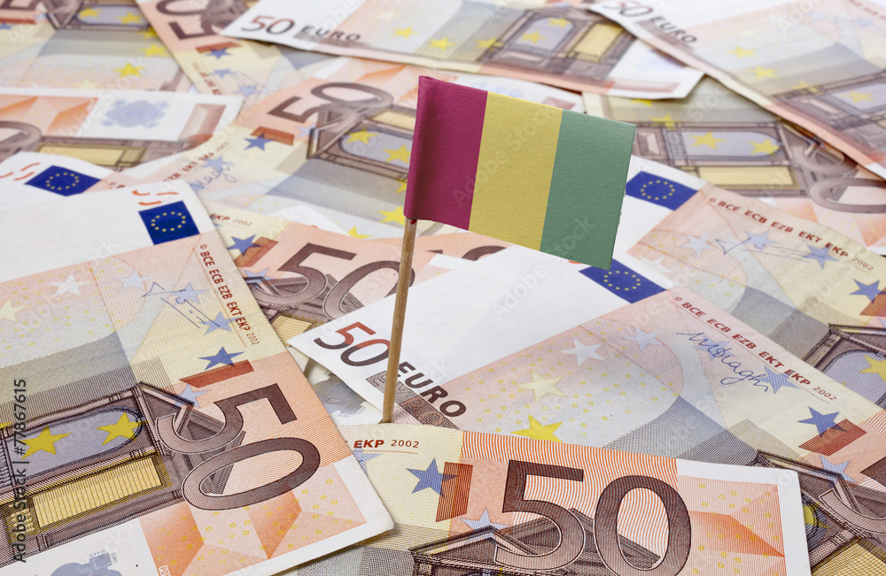 Flag of Guinea sticking in 50 Euro banknotes.(series) Flag of Guinea sticking in 50 Euro banknotes.(series)