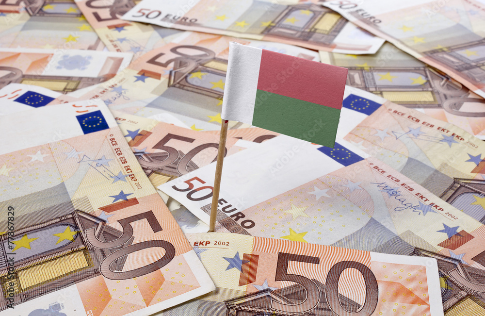 Flag of Madagascar sticking in 50 Euro banknotes.(series) Flag of Madagascar sticking in 50 Euro banknotes.(series)