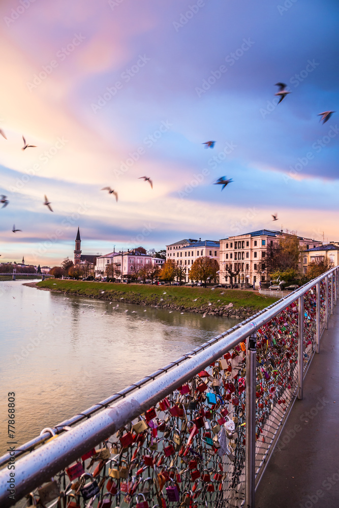 Fototapeta premium Padlocks of love on a bridge of Salzburg