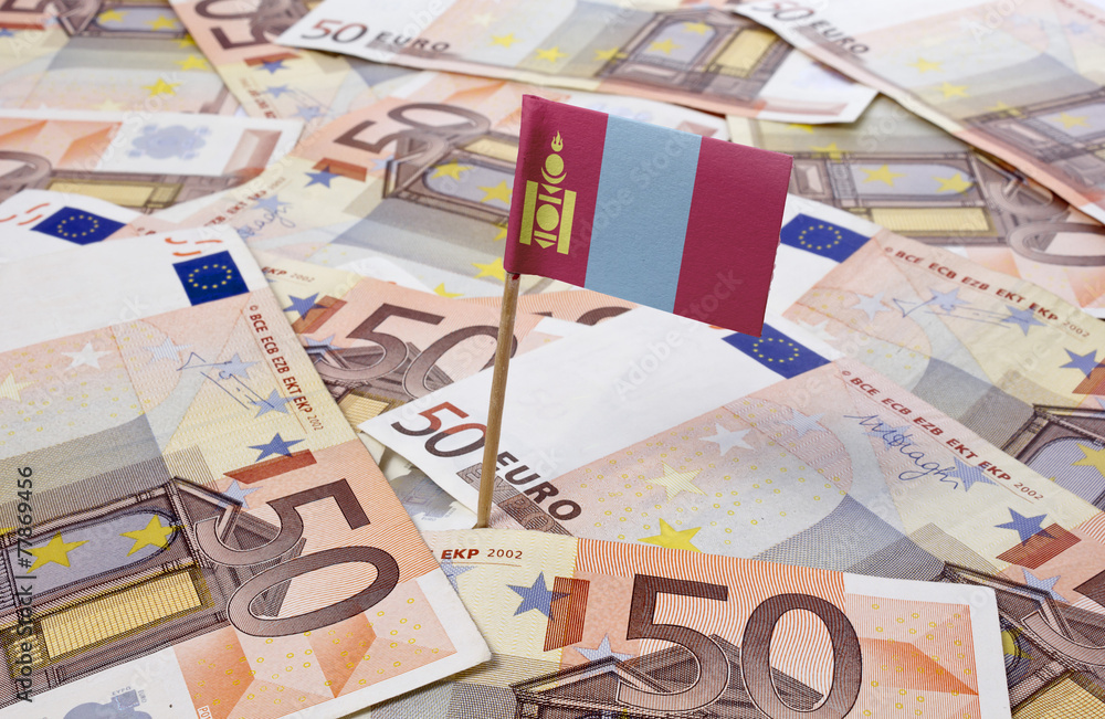 Flag of Mongolia sticking in 50 Euro banknotes.(series) Flag of Mongolia sticking in 50 Euro banknotes.(series)
