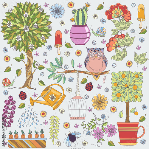 Texture with flowers, fruit tree, flowering tree