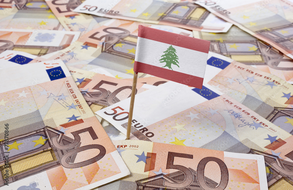 Flag of Lebanon sticking in 50 Euro banknotes.(series) Flag of Lebanon sticking in 50 Euro banknotes.(series)